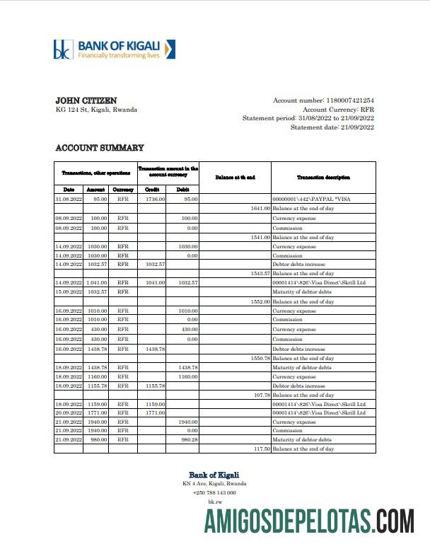 extrato bancário em branco do Ruanda Bank Of Kigali, modelo Excel e PDF